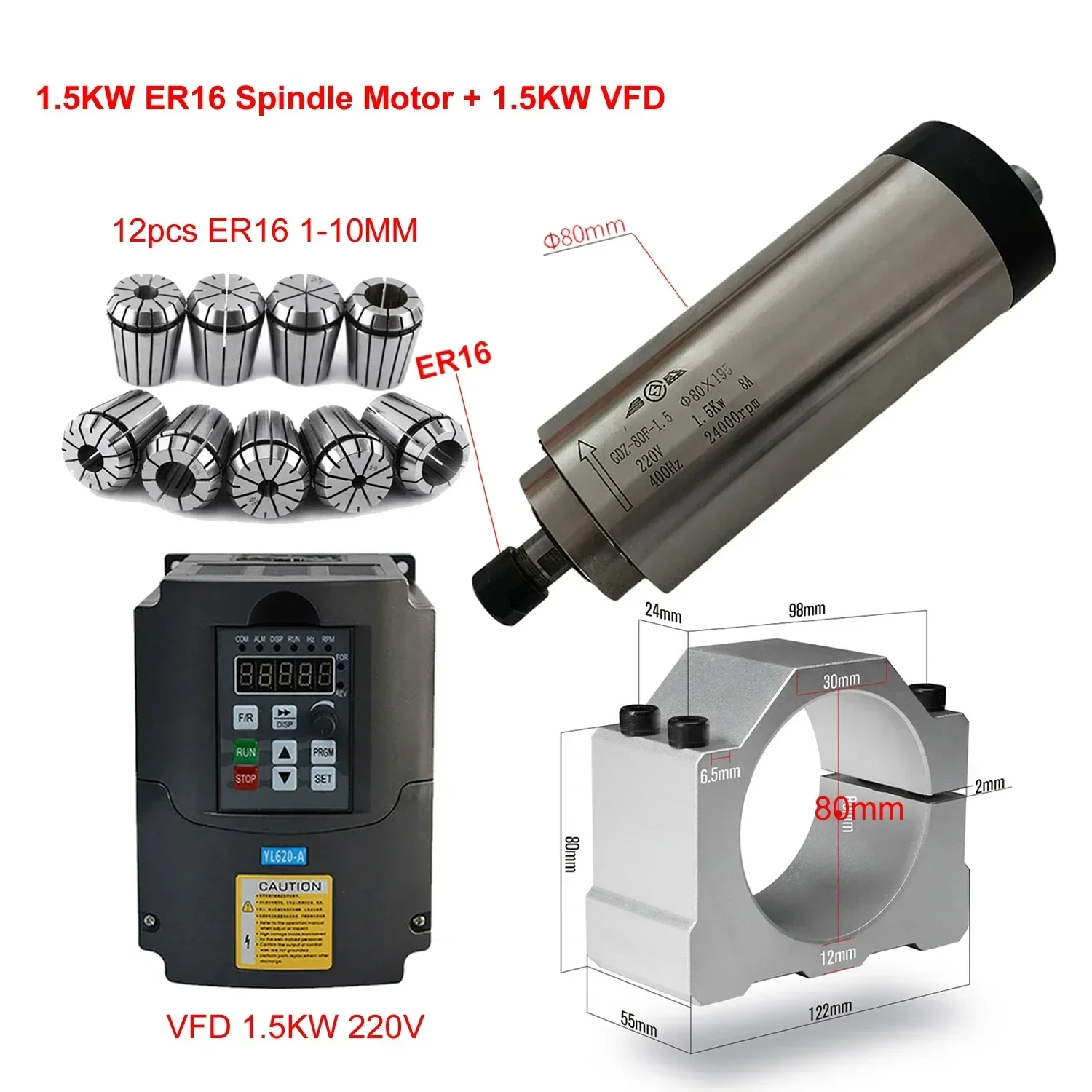 Er20 Collet Chuck Spindle Motor 220V - CNC Air Cooled 800W 1500W 2200W